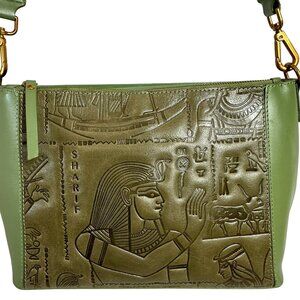 Sharif Hieroglyphic Egyptian Embossed Leather Shoulder Crossbody Bag Olive Sage